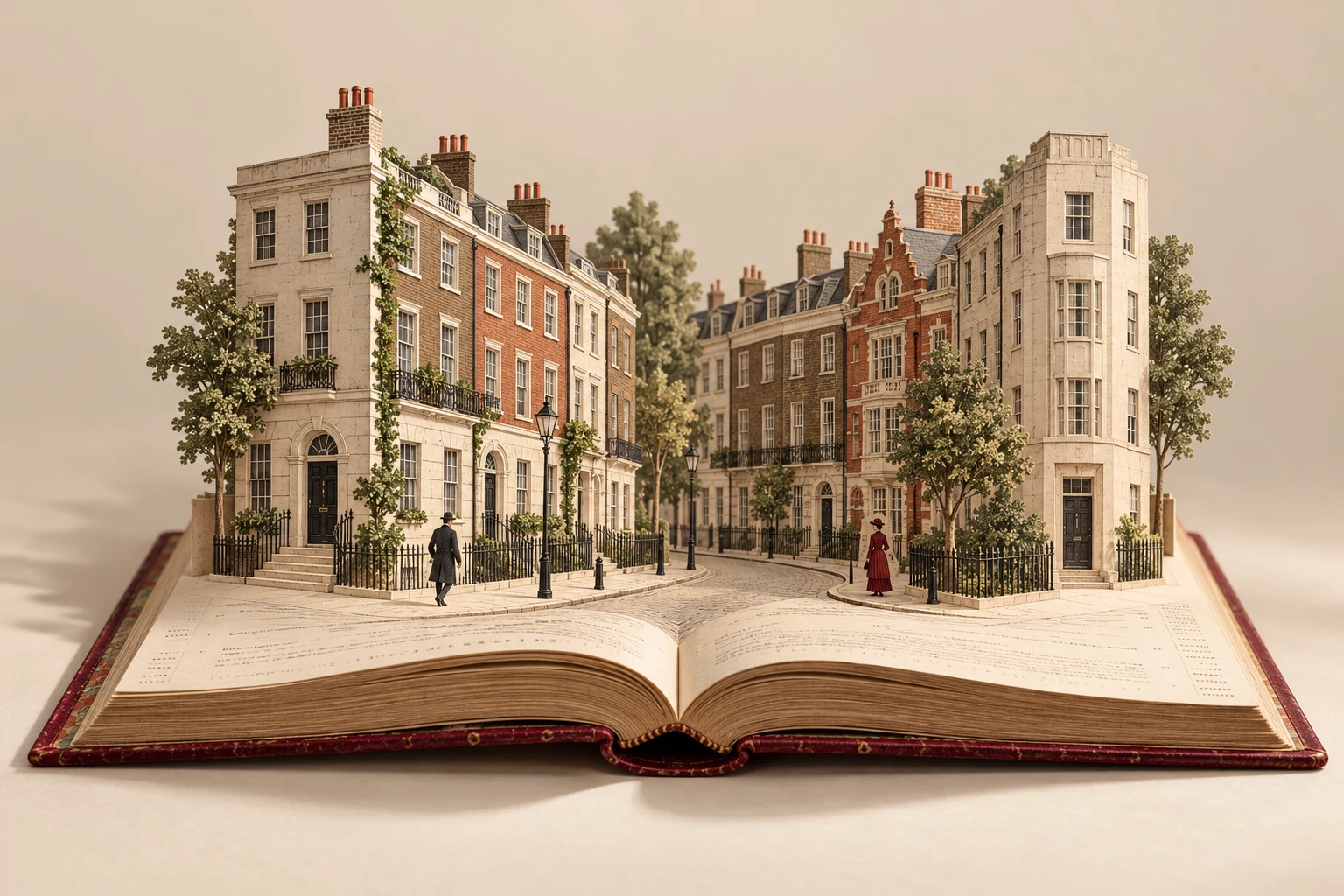 An illustrated London street rises from the pages of an open historical directory.